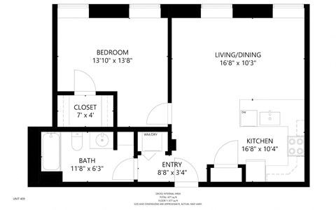 Floor plan for 1 bed, 1 bath, 690 sqft